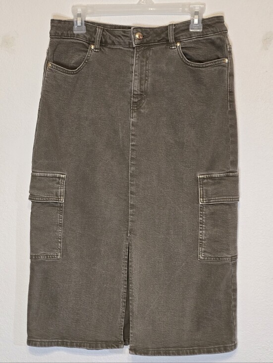 Michael Kors Dresses & Skirts - Michael Kors Olive Green Denim Cargo Midi Skirt Front Slit Size 8